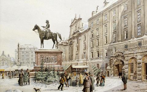 Photo Of A historical drawing of a snowy, scarce Christmas Market. there are a couple of stalls around a statue of a man riding a horse. 
