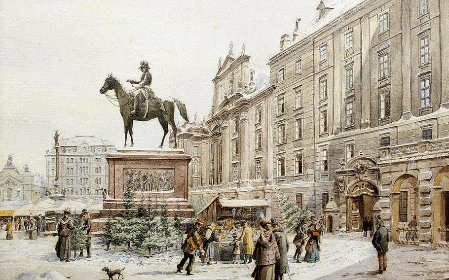 A historical drawing of a snowy, scarce Christmas Market. there are a couple of stalls around a statue of a man riding a horse. 
