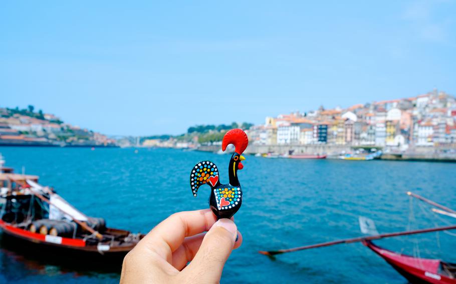 closeup of a young man holding a traditional Rooster of Barcelos, the emblem of Portugal, in Porto, at the Douro River with the Ribeira district on the right
