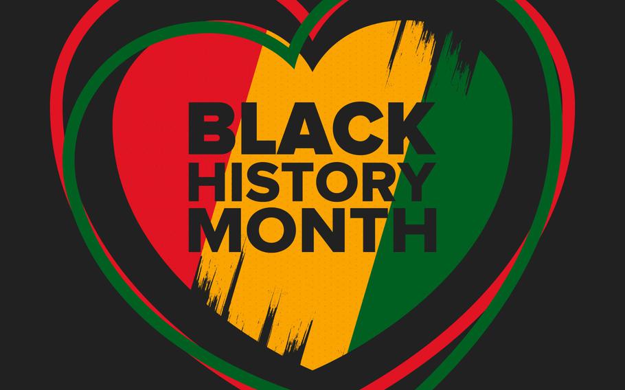 Red, Yellow and Green heart graphic reads “Black History Month” in black letters with a black square background