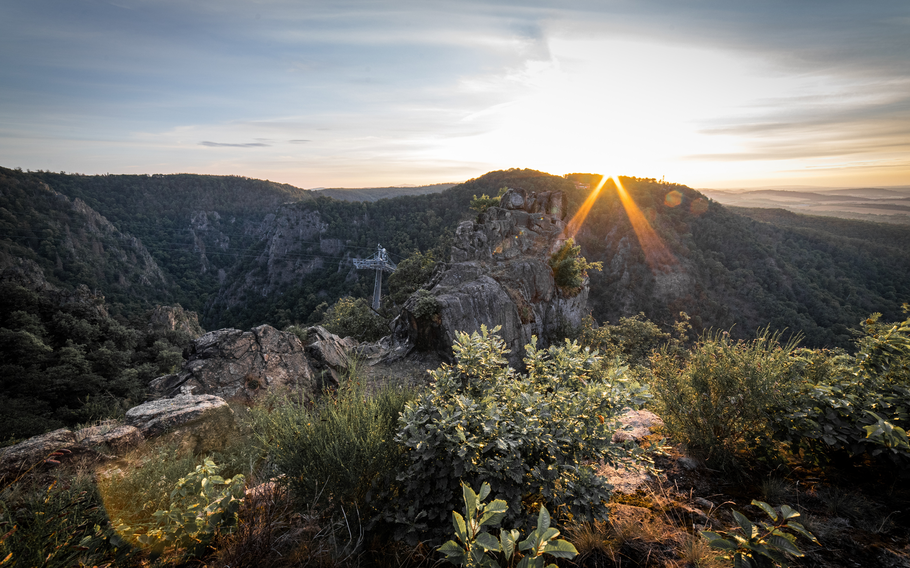 Sunset behind the Roßtrappe, viewpoint on the Hexentanzplatz Thale, Harz