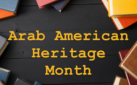 Photo Of The words “Arab American Heritage Month” in yellow text on a black background surrounded by a circle of books