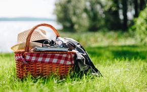 Picnic basket with hat, book and grasses on the grass at the summer sunny day. Beautiful outdoor vacation with blue lake view.