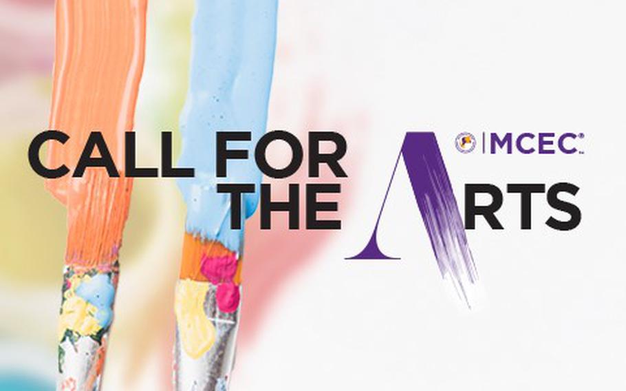 MCEC Call for the Arts graphic featuring painy brushes painting on a white background
