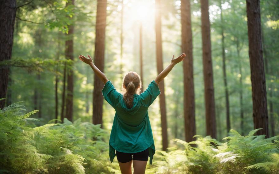 Woman embracing nature in lush green forest