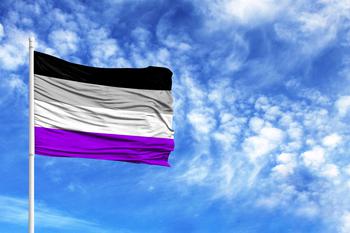 Asexual Pride Flag waving (Black on top follow by grey white and then purple)