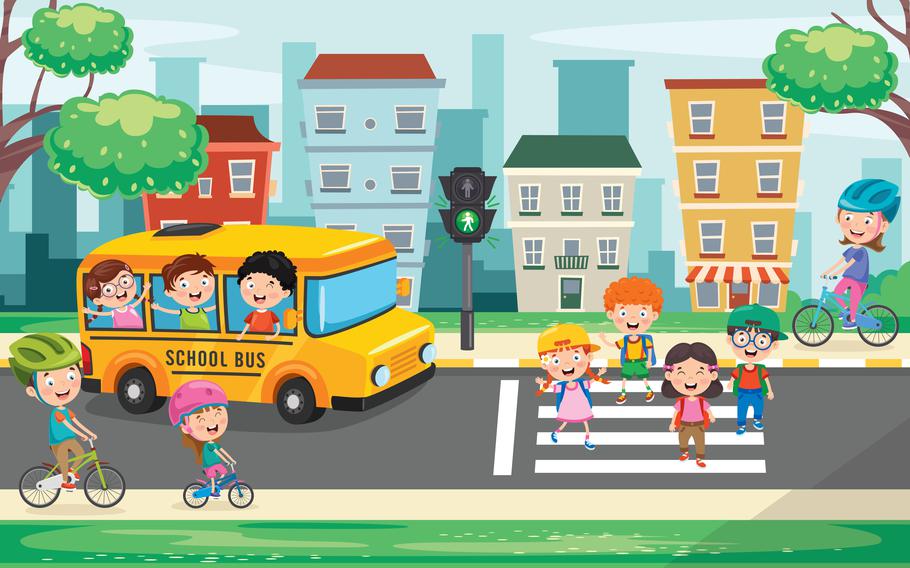 Kids heading to school on a bus, riding bikes and walking.