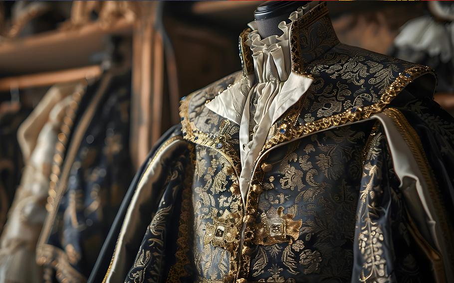 This luxurious Tudor-inspired garment captures the opulence and grandeur of 16th-century noble fashion, featuring intricate gold embroidery, rich fabrics, and a high, ornate collar. The elegant design, complete with a ruffled cravat and detailed embellishments, reflects the prestige and sophistication of the Tudor era’s aristocracy.