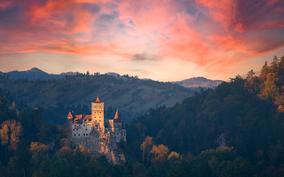 This breathtaking photo captures the iconic Bran Castle, set against a fiery sunset sky in the heart of the Transylvanian hills. Surrounded by dense forests and rolling mountains, the castle’s dramatic silhouette evokes its legendary ties to Dracula, offering a magical glimpse into Romania’s rich history and folklore.