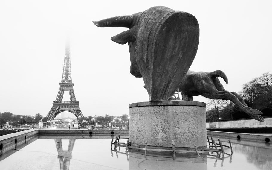 Sculptures and fountains on Trocadero and Eiffel Tower in Paris, France. Black and white vintage image.