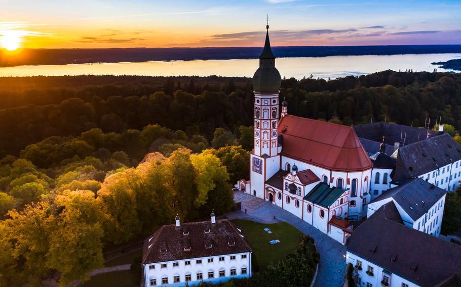Andechs Monastery, aerial view at sunset, Ammersee, Fünfseenland, Pfaffenwinkel, Upper Bavaria, Bavaria, Germany