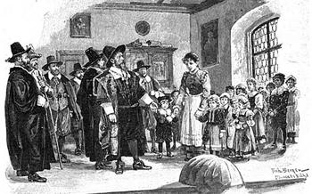 A back and white print drawing of a group of children standing before men in black top hats. 