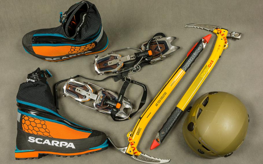 Ice climbing gear.