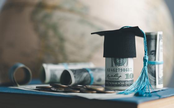 Photo Of Graduation cap on top of roll of cash with a tan globe of Earth in the background