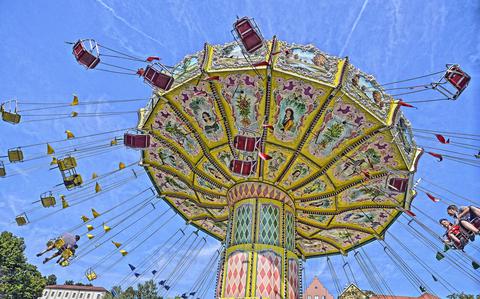 Photo Of A photo looking up at a giant yellow spinning carousel with swings flying around in a circle . 