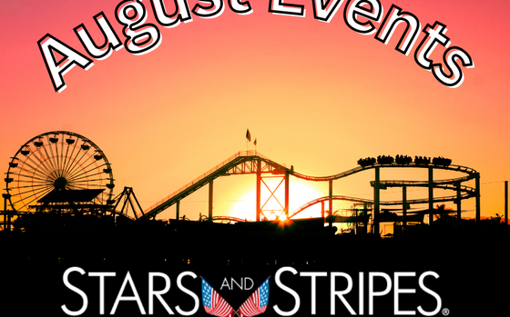 Words “August Events” on a sunset background with a shadowed carnival row