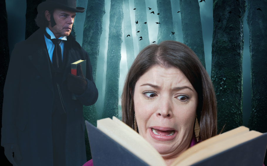 Women scared of book with man standing behind her