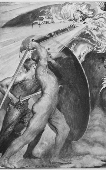 Beowulf fighting the dragon