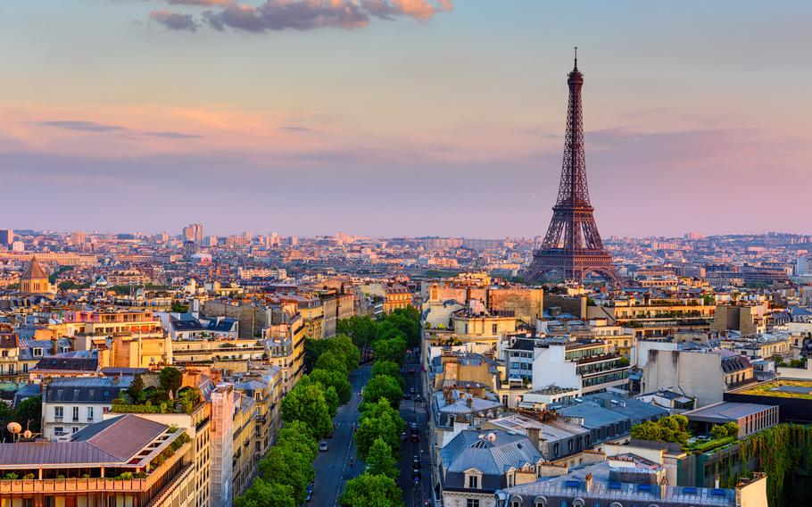 Skyline of Paris with Eiffel Tower in Paris, France. Panoramic sunset view of Paris