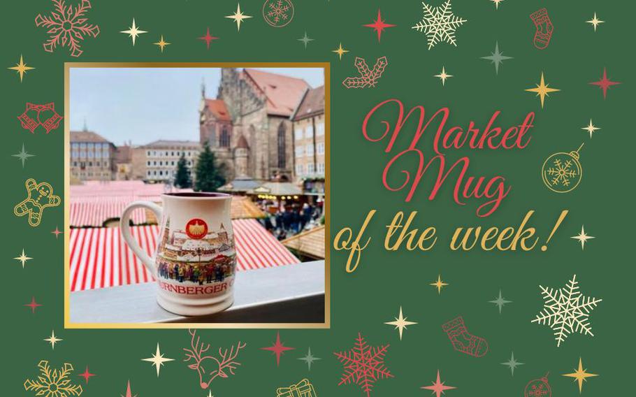 An overview of the red and white pin-strip huts of the Nuremberg Christmas market. a cream-colored mug with a snowy city sits on the ledge.  