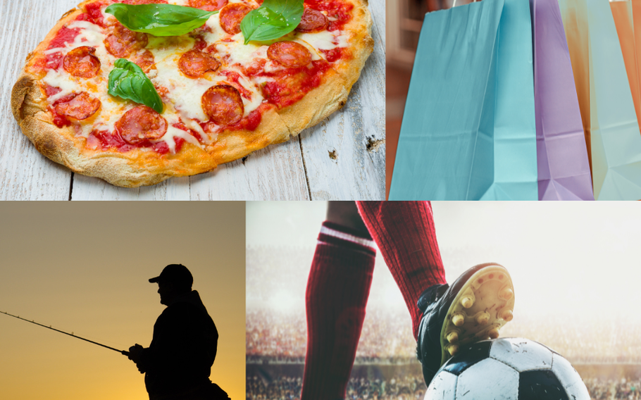 Top left: Pinsa; Top right: Shopping bags; Bottom left: Man fishing; Bottom Right: Foot on soccer ball