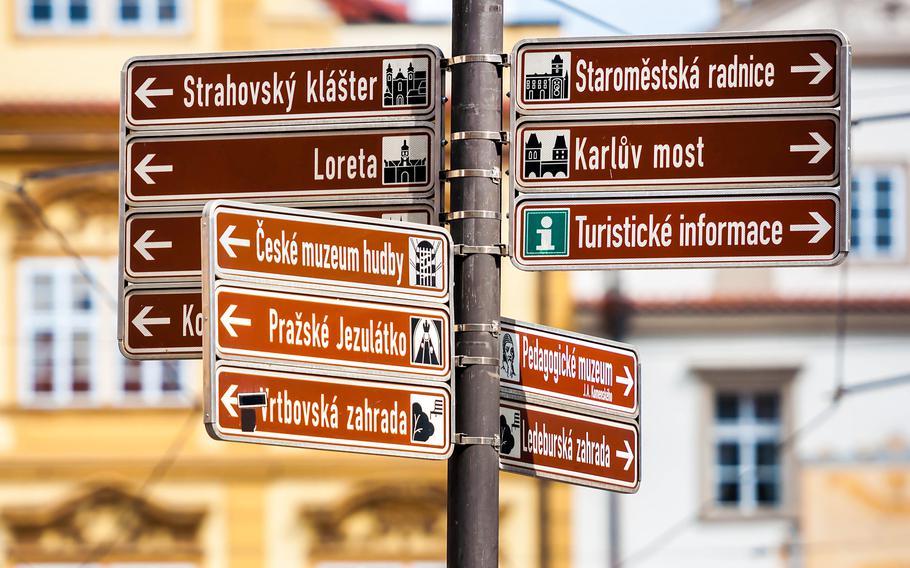 Road signs of directions of the main sights of Prague. The historical center of the city.