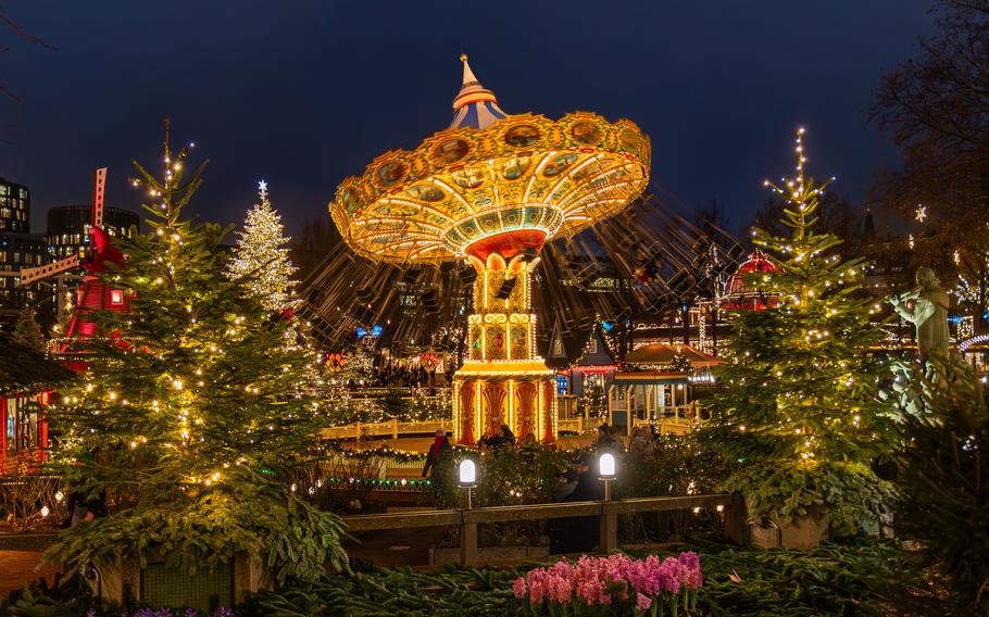 Tivoli Gardens lights up Copenhagen at Christmas.