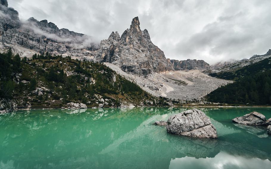 Lago di Sorapis, Lake Sorapis Dolomites - Italy on a cloudy day