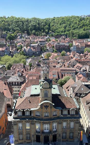 View of town from above on a sunny day