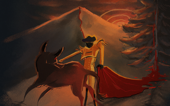 Painting of a bullfighter and bull