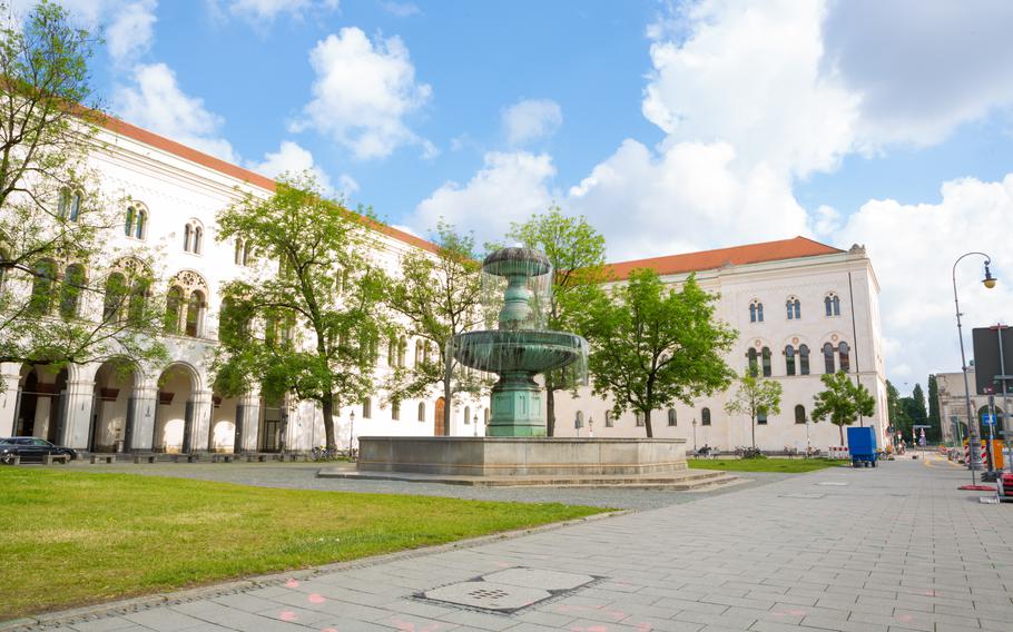 Scholl Siblings Plaza and the main building of the Ludwig Maximilian University in Munich, Germany. Famous place for the White Rose Resistance Movement against Nazi