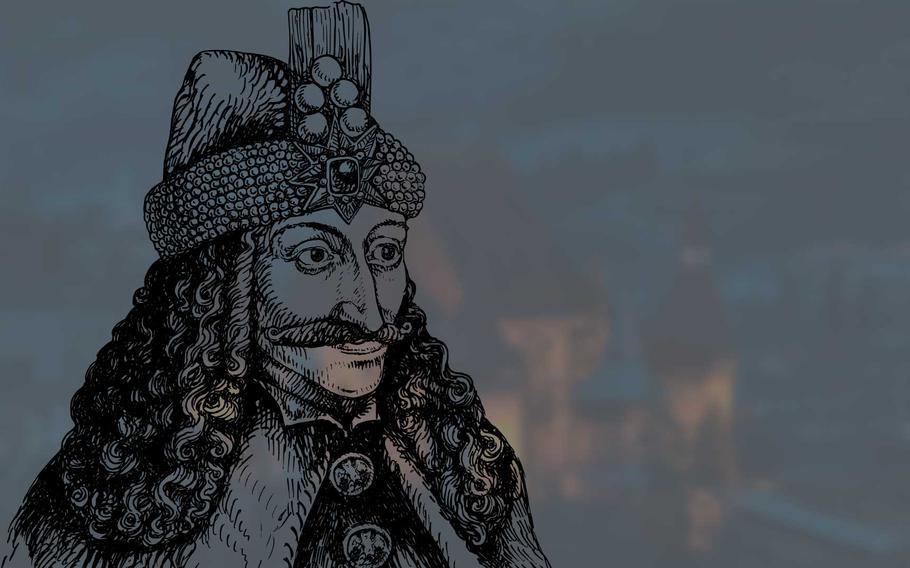 An illustrated portrayal of Vlad the Impaler, the notorious historical figure known for his brutal reign and inspiration for the Dracula legend, set against a moody backdrop.