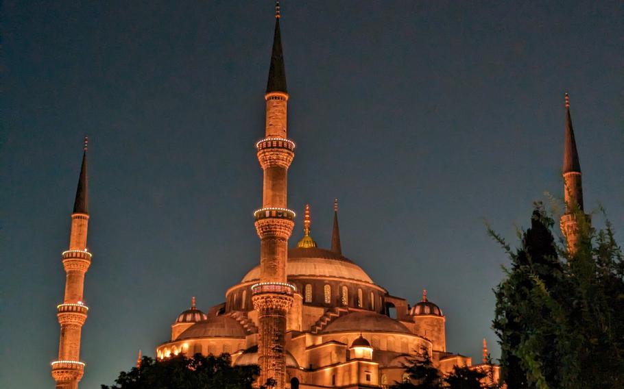 Blue Mosque lit up at night in Instanbul