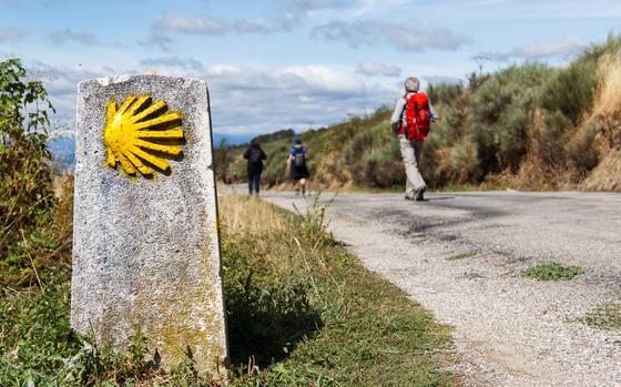 The yellow scallop shell signing the way to santiago de compostela on the st james pilgrimage route