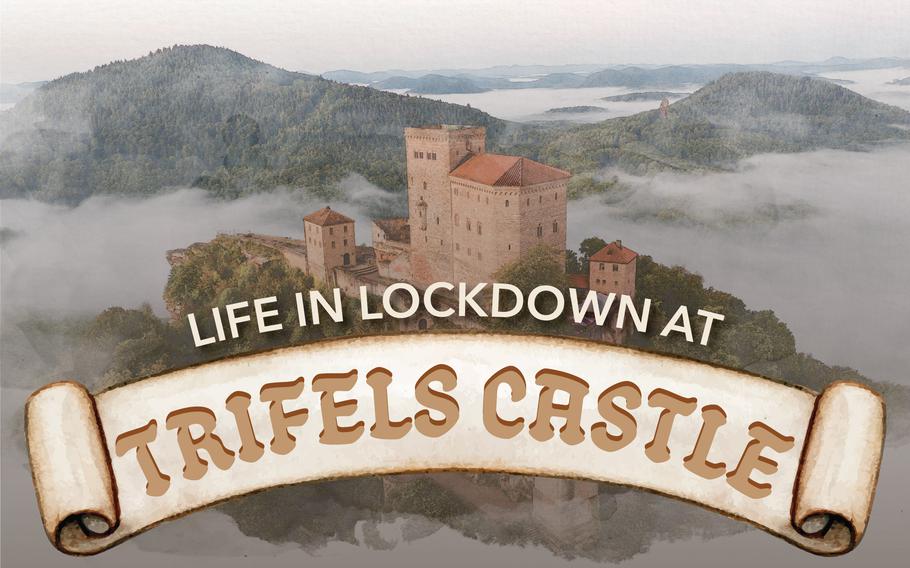 Faded picture of Trifels Castle with words “Life in Lockdown at” on top with the words “Trifels Castle” on a tan banner underneath the first line.