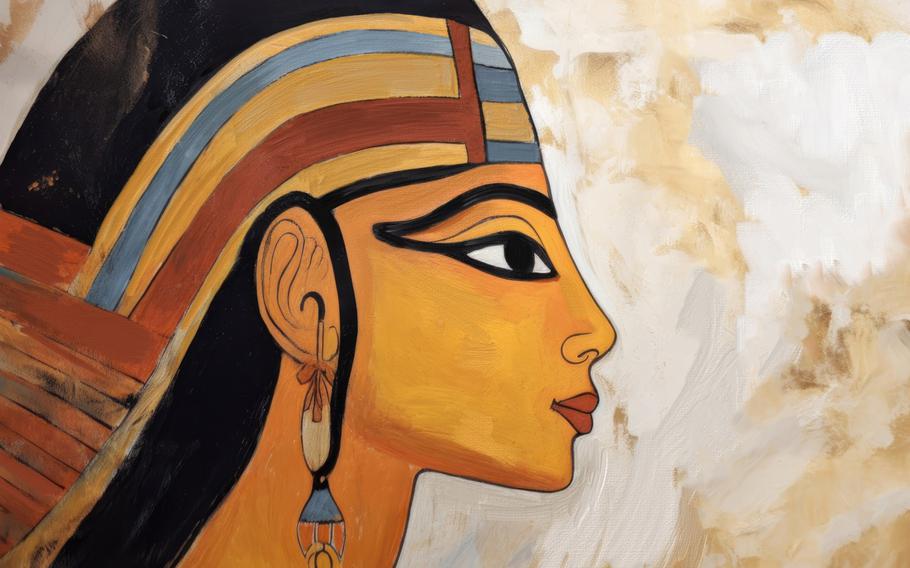 A drawing of Queen Cleopatra with red lips, thick black eyeliner and a blue, red, and gold headdress. 