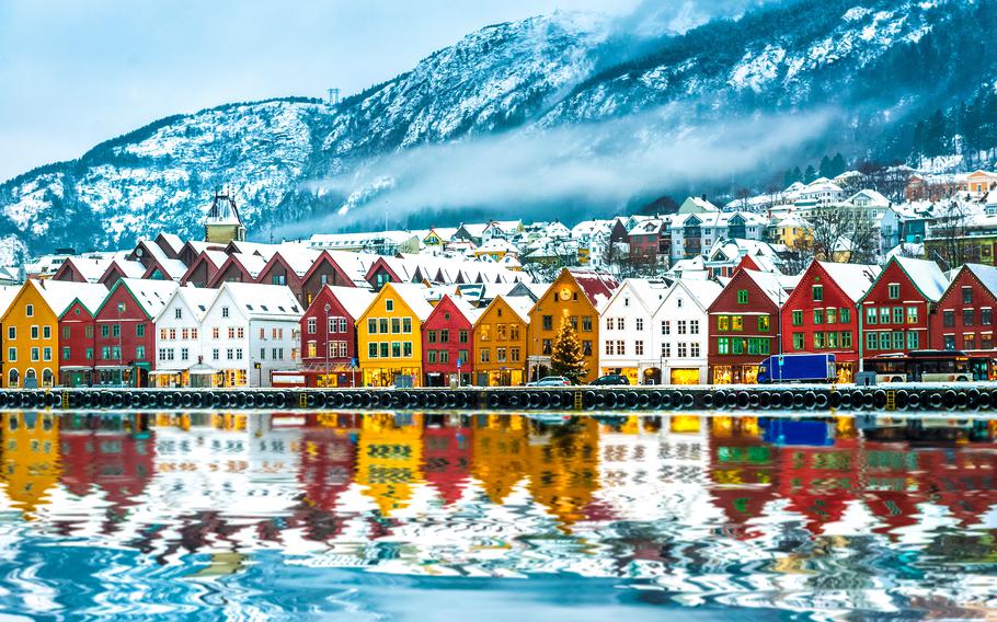 View across the harbor to the Bryggen in Bergen, Norway