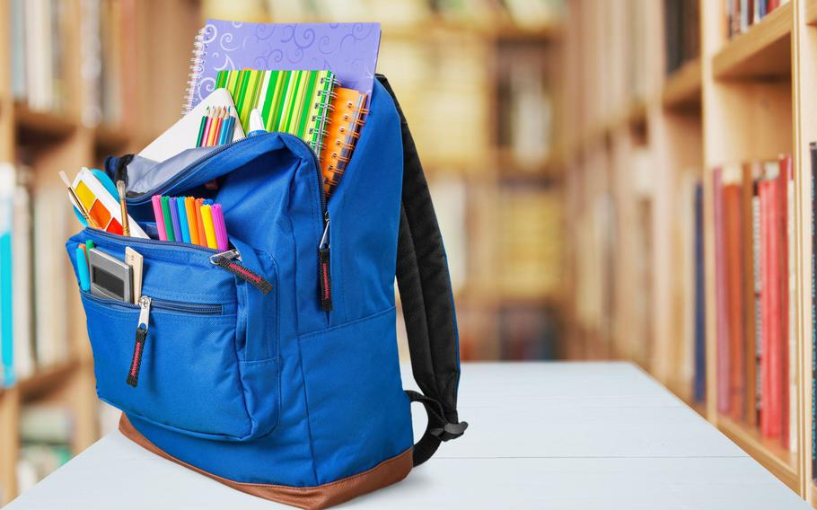 Backpack with school items