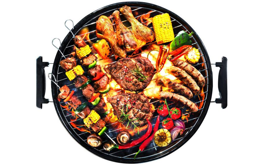 Various grilled meats and vegetables