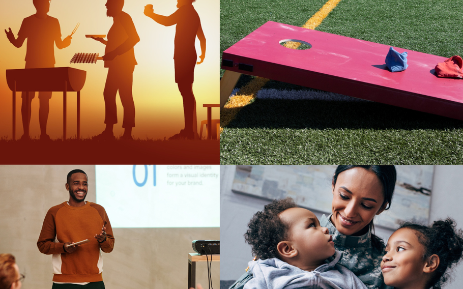 People barbequing, soldier with children, cornhole board and person giving presentation