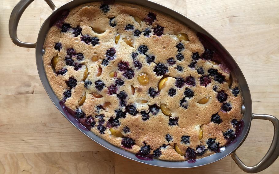 The finished product of Plum and blackberry clafoutis. 