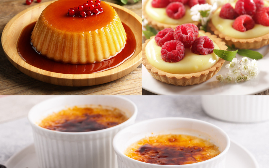 Three different types of custard dishes