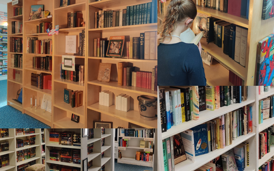 Collage of books on shelves and a woman reading a book | Photos submitted by employees and volunteers at Books R Us