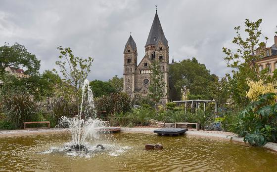 Metz, France cathedral park and fountain