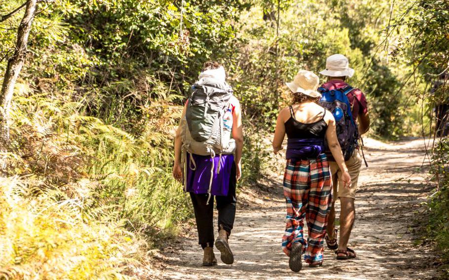 Three people on hiking trail