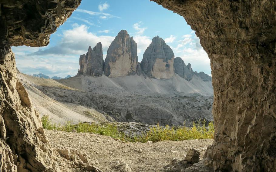 A view from inside a cave on the Tre Cime di Lavaredo (Drei Zinnen) in Italian Dolomites.