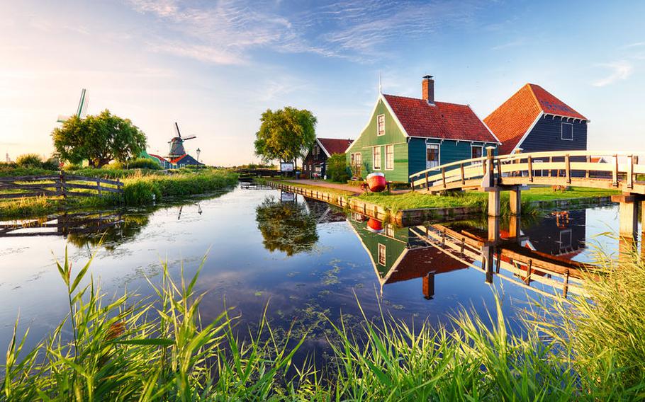 village Zaanse Schans at sunset, Netherlands