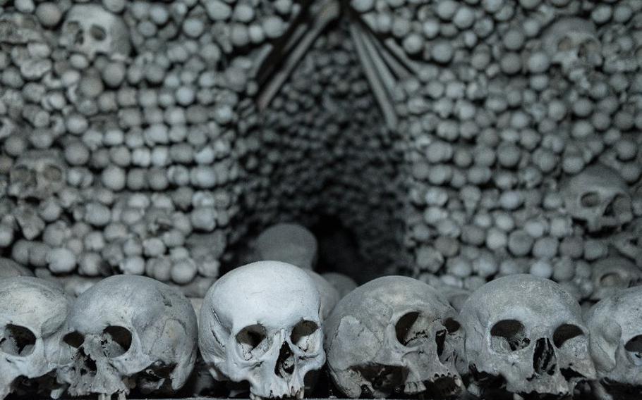 Human bones and skulls in the ossuary at Kutna Hora Church