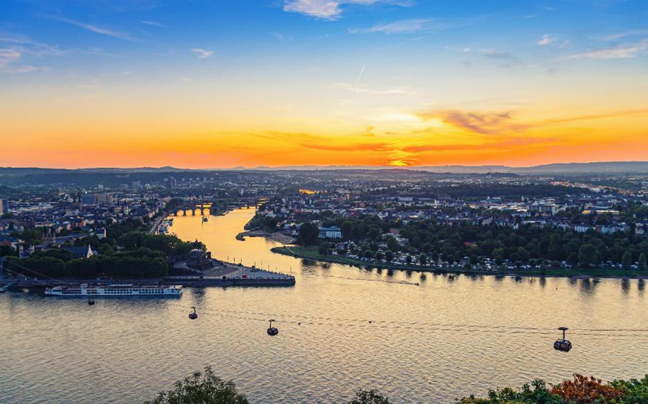 Aerial panoramic view of Koblenz historical city center and joining Rhine and Moselle rivers.