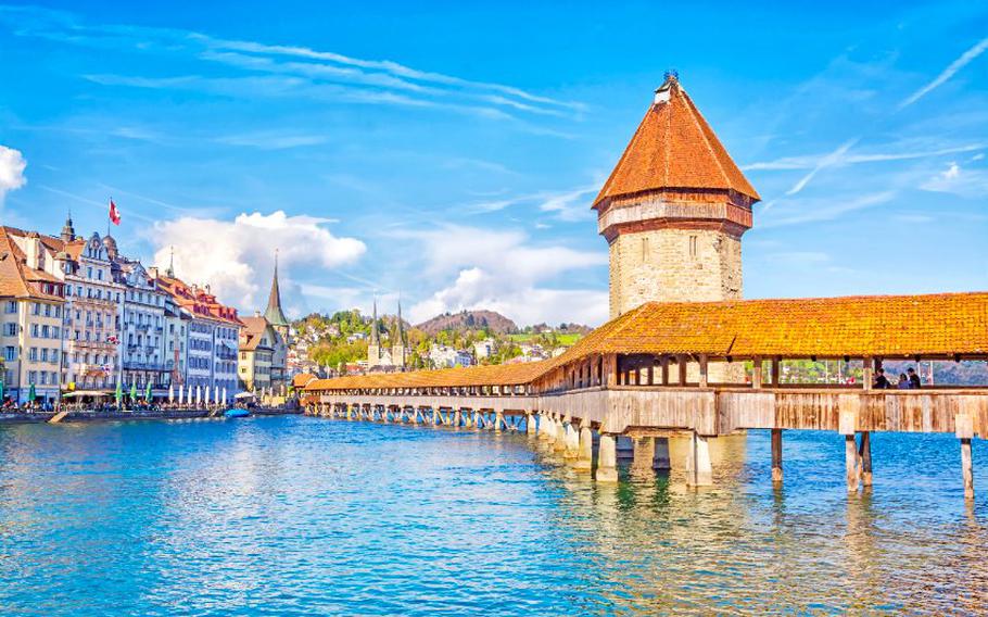 Wooden bridge and water tower in the center of Luzern